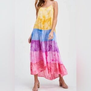 white birch Rainbow Tiered Tie-Dye Maxi Dress - Yellow Blue Purple Pink Red